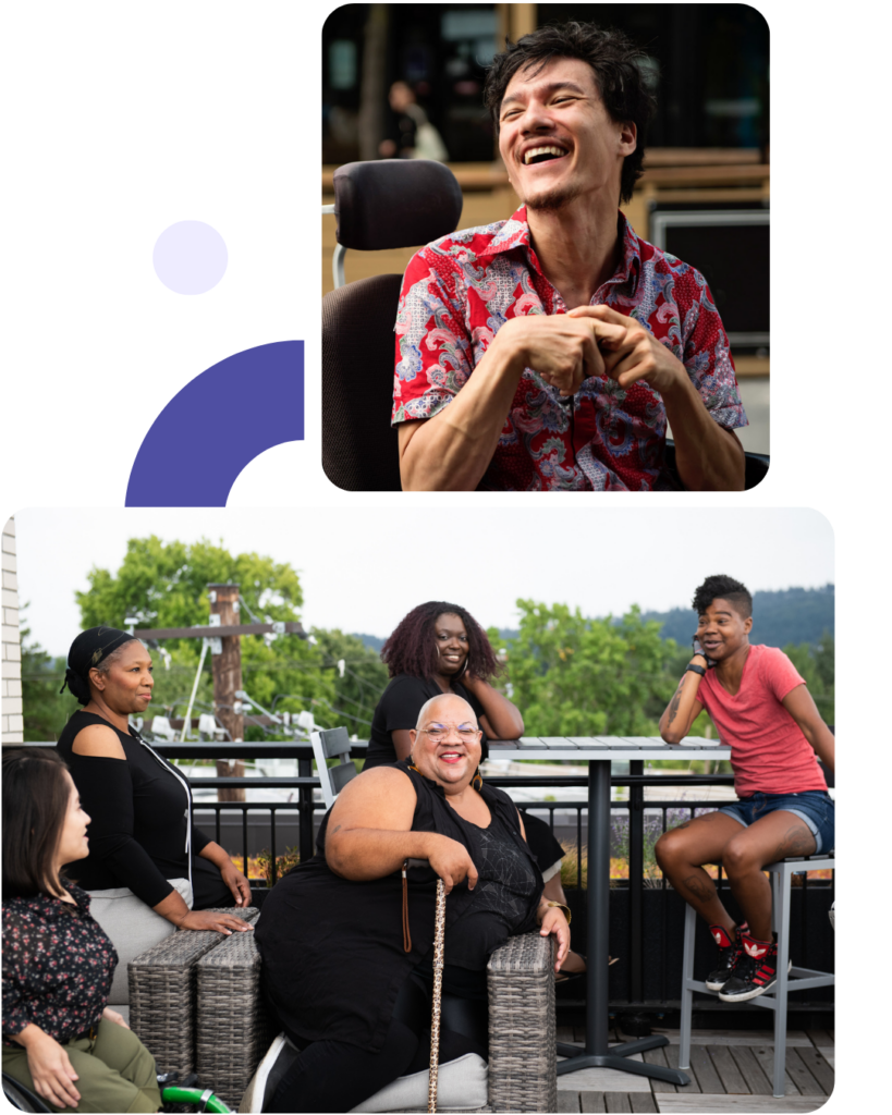 Two photos in a collage with purple geometric shapes behind it. Top photo is of a young Indonesian man with cerebral palsy in a wheelchair laughing while outdoors in city. Bottom photo is an overhead shot of six disabled people of color at a rooftop deck party.