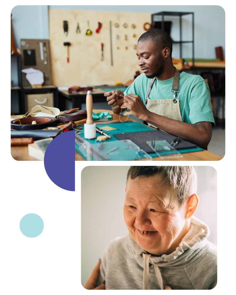 Two photos arranged in a collage. The top photo is a portrait of a Black artisan working with leather in leatherworkers workshop. Bottom photo is of an elderly woman with Down syndrome, accompanied by an assistant who supports her, holds her hands.