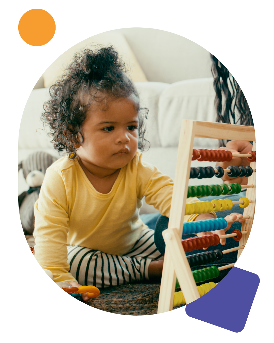 Mother and baby playing with toys on the living room floor for child development, bonding and learning. Childcare, woman and girl child with a abacus for education in the lounge of their family home.