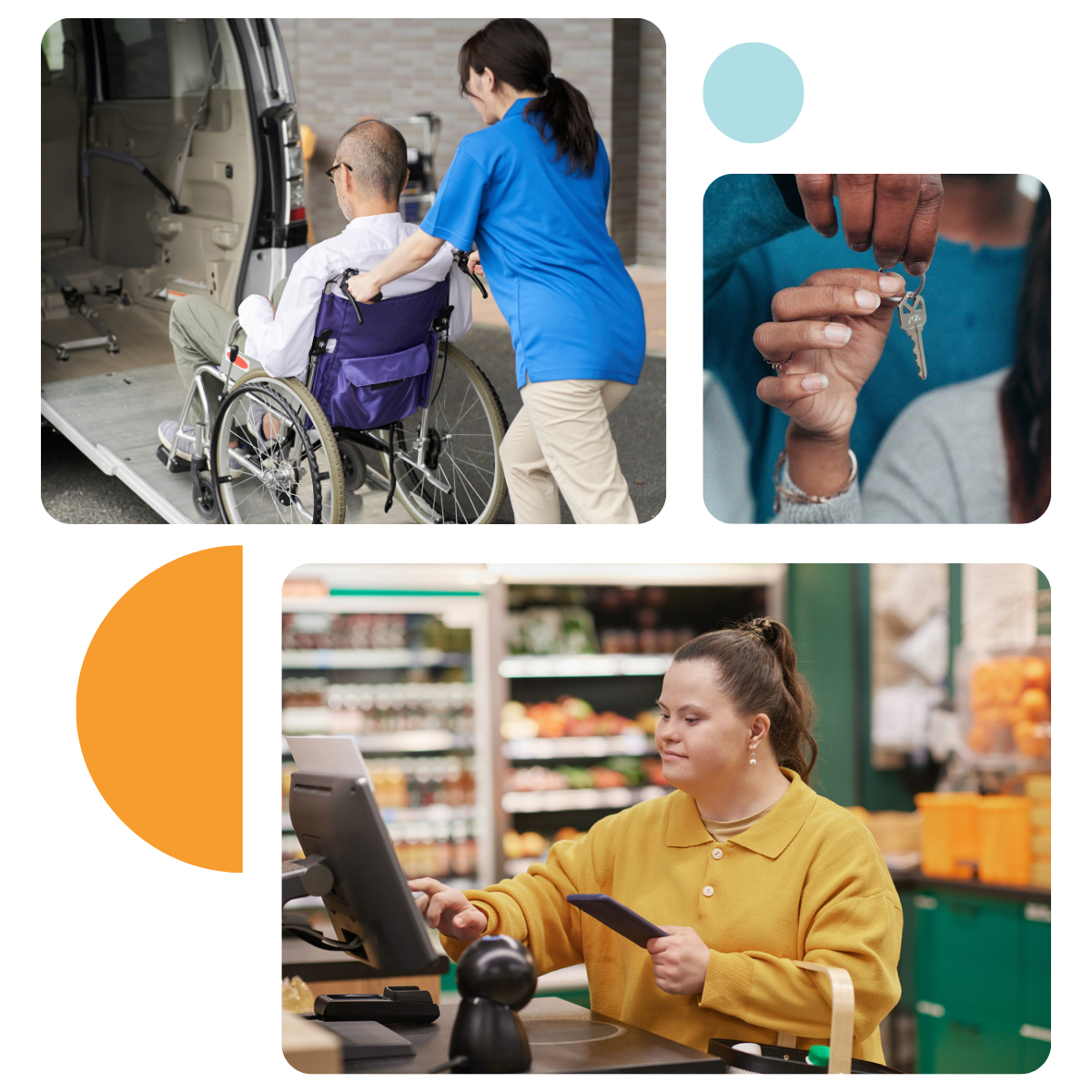 Collage of three photos with geometric shapes in the background. Top left photo is of an elderly person in a wheelchair being rolled into a taxi by his caregiver. Right image is of a Black couple holding house keys. Bottom photo is of a woman with Down Syndrome at the store buying groceries. 