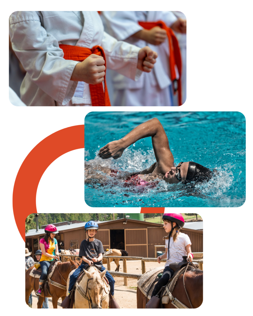 Collage of three photos to reflect the additional services GGRC provides. Top photo is a close up of martial arts students hands, showing their red belts. The middle photo is a close up of a person swimming laps in a pool.  The bottom photo is of three children talking to each other while riding on horseback at summer camp. 