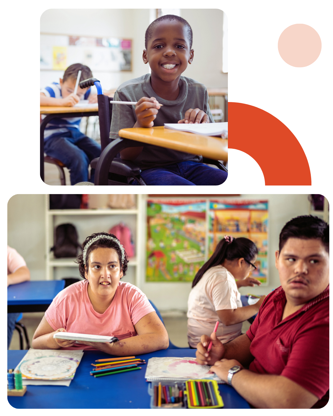 Two photos in a collage with red geometric shapes behind them. Top photo is of a Black disabled student smiling at camera in an elementary school classroom. Bottom image is of two students with Psychomotor Intellectual disabilities watching a lesson in a school classroom. 