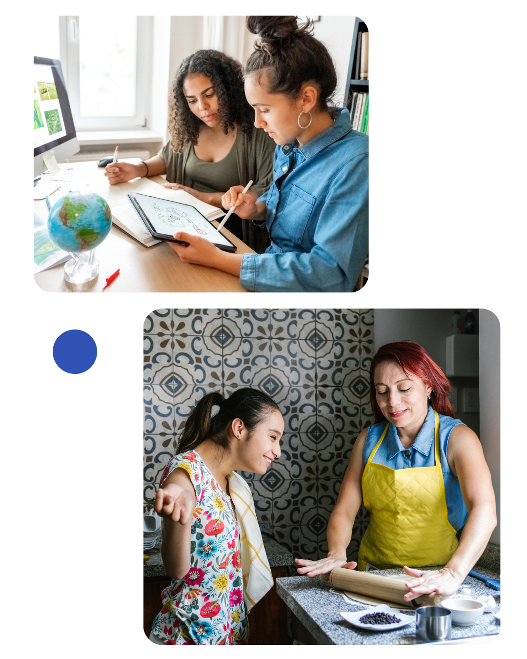 Two photos arranged as a collage with blue geometric shape behind them. Top photo is two young women working together on homework at a desk indoors. Bottom photo is of a Hispanic girl with cerebral palsy and her mother cooking at home. 