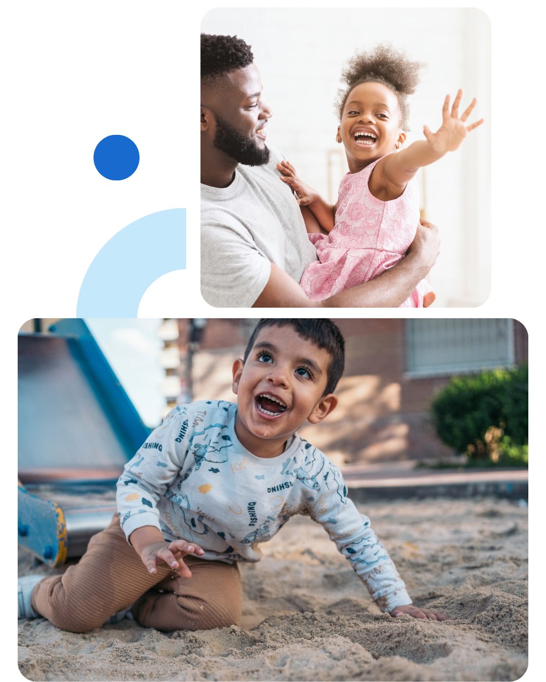 Two photos in a collage with blue geometric shapes. Top photo is of a young Black girl held by her father, smiling and reaching toward the camera. Bottom photo is of an autistic boy with a big smile enjoying playtime in a sandbox at the park. 